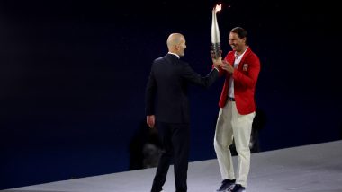 Zinedine Zidane Hands Olympic Torch to Rafael Nadal During Paris Olympics 2024 Opening Ceremony (See Pics and Video)