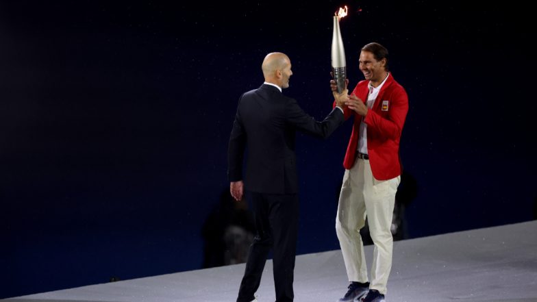 Zinedine Zidane Hands Olympic Torch to Rafael Nadal During Paris Olympics 2024 Opening Ceremony (See Pics and Video)