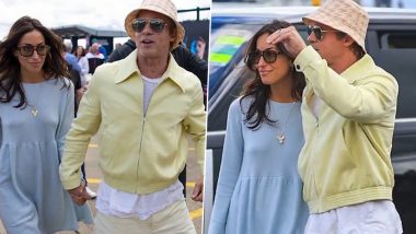 Brad Pitt Steps Out Hand-in-Hand With Girlfriend Ines De Ramon at British Grand Prix Amid ‘F1’ Movie Announcement (Watch Video)