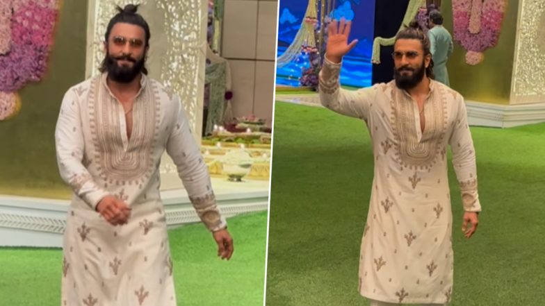 Ranveer Singh Stuns in Embroidered Ivory Kurta at Anant Ambani and Radhika Merchant’s Shiva Shakti Puja Ceremony (Watch Video)