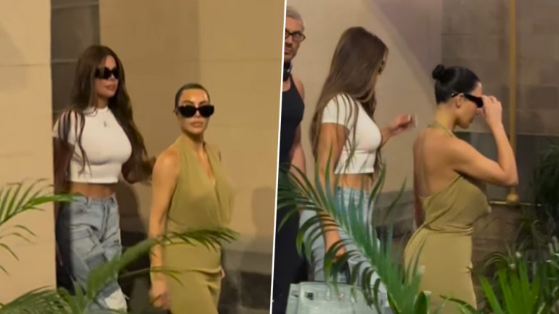 Kim Kardashian’s Stylish Mumbai Arrival With Her Sister Khloe Kardashian for Anant Ambani and Radhika Merchant’s Wedding (Watch Video)