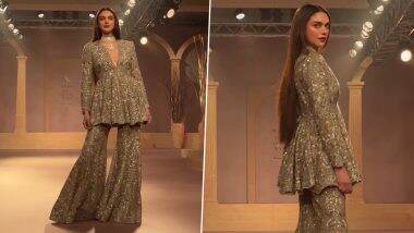 India Couture Week 2024: ‘Heeramandi’ Star Aditi Rao Hydari Dazzles in Peplum and Sharara by Designer Jayanti Reddy (Watch Video)