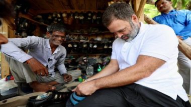 Rahul Gandhi Meets Local Cobbler in Sultanpur, Tries His Hand at Mending Chappal (Watch Video)