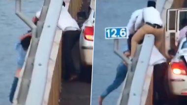 Suicide Attempt on Atal Setu: Taxi Driver, 4 Traffic Cops Rescue 56-Year-Old Woman From Plunging Into Arabian Sea From Mumbai Trans Harbour Link (MTHL), Dramatic Video Surfaces