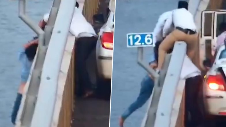 Suicide Attempt on Atal Setu: Police, Taxi Driver Save Woman From Jumping off Mumbai Trans Harbour Link (MTHL), Video Surfaces