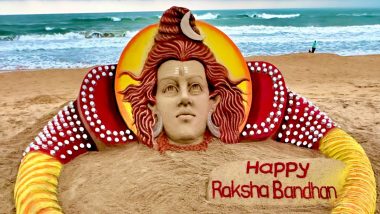 Raksha Bandhan 2024 Sand Art: Sudarsan Pattnaik Crafts Lord Shiva on Rakhi Sand Sculpture on Occasion of Raksha Bandhan at Puri Beach (See Pic)