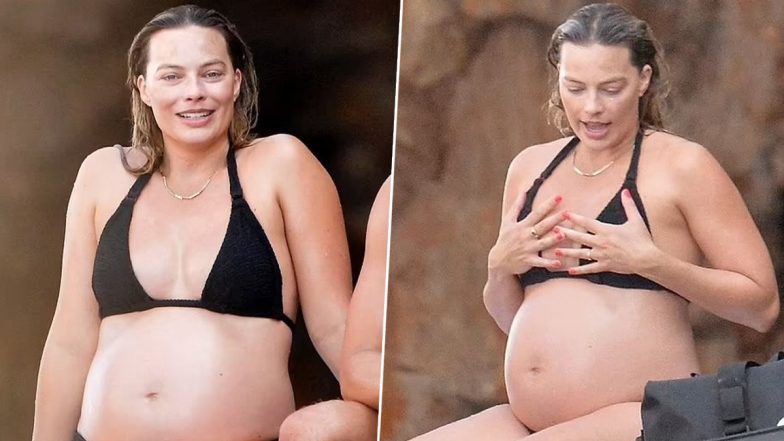 Margot Robbie Viral Bikini Pics: ‘Barbie’ Star Flaunts Growing Baby Bump in Black Bikini as She Enjoys Vacation in Italy With Husband Tom Ackerley