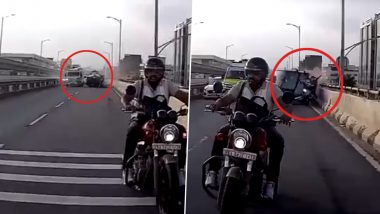 Bengaluru: Car Hits Yulu Bike While Making Way for Ambulance on Electronic City Flyover, Terrifying Accident Video Surfaces