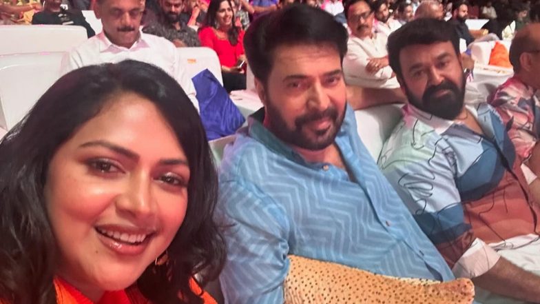 ‘Two Legends in One Frame’: Amala Paul Snaps Epic Selfie With Mohanlal and Mammootty at the 2024 Mazhavil Manorama Entertainment Awards (See Pic)