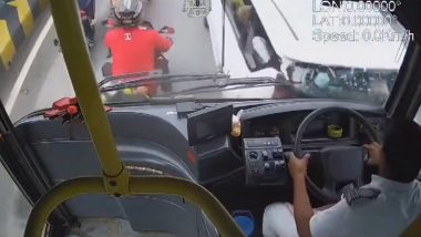 Bengaluru Road Accident Video: Driver of Volvo Bus Loses Control on Hebbal Flyover, Hits Biker Before Crashing Into Multiple Vehicles; Viral Clip Surfaces