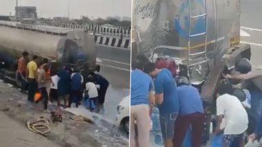 Ghaziabad Road Accident: Truck Driver Dies in Tanker Collision, Locals Prioritise Looting Spilled Milk; Disturbing Video Surfaces