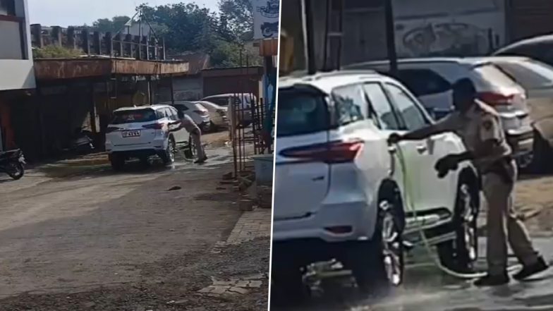 Maharashtra: Police Officer Captured on Camera Washing Sanjay Gaikwad's Car in Buldana, Shiv Sena MLA Responds After Video Goes Viral