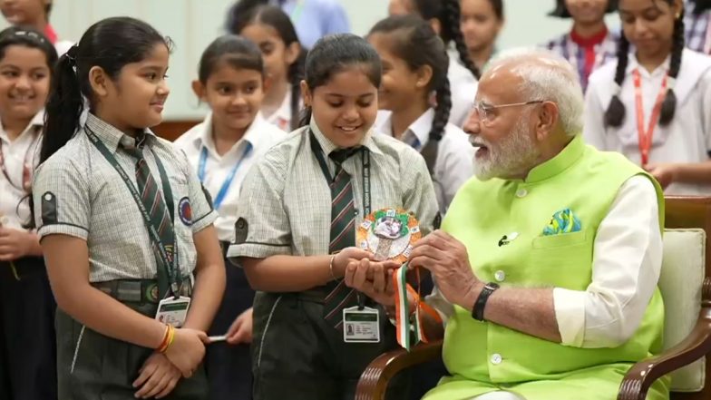 Raksha Bandhan 2024 With PM Modi: Delhi Schoolgirls Celebrate Rakshabandhan by Tying Rakhi to Prime Minister Narendra Modi (Watch Video)