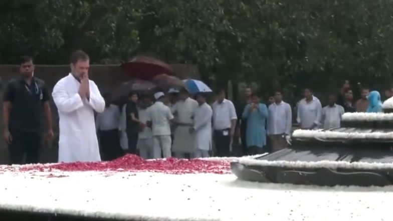 Rajiv Gandhi Birth Anniversary 2024: Rahul Gandhi Braves Rain As He Pays Floral Tribute to Former PM at Delhi’s Veer Bhumi (Watch Video)