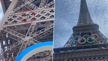 Paris Olympics 2024: Eiffel Tower Evacuated, Police Force Deployed After Shirtless Man Climbs Iconic Landmark Ahead of Closing Ceremony, Video Surfaces