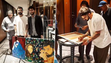 Virat Kohli Receives Personal Portrait Featuring Himself, Wife Anushka Sharma, And Their Late Dog Bruno From Sri Lankan Artist Mueen Saheed During India’s Tour of Sri Lanka 2024 (See Pic)