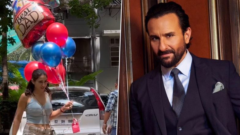 Saif Ali Khan Turns 54: Sara Ali Khan Arrives at Father's Residence With ‘Best Dad’ Balloons and Gifts to Celebrate His Birthday! (Watch Video)