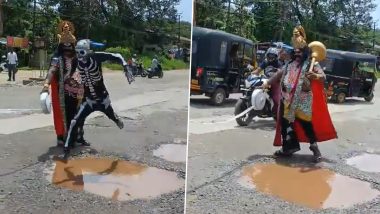 ‘Yamaraj and Chitragupta’ Hold Long Jump Competition Over Potholes in Karnataka’s Udupi, Creative Way of Highlighting Civic Apathy Goes Viral (Watch Video)