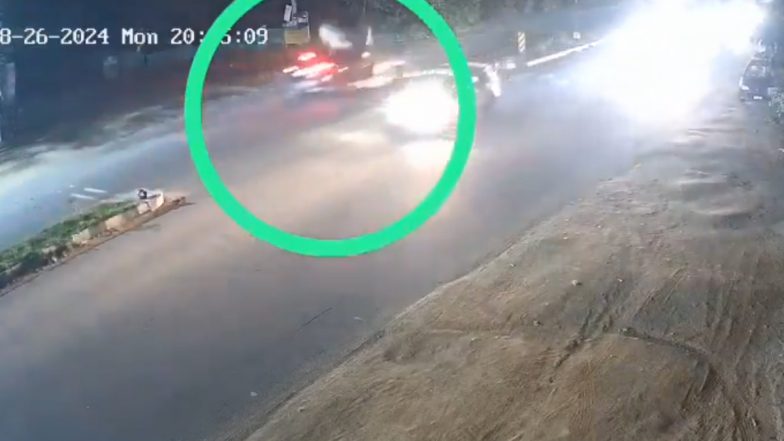 Telangana Road Accident: 2 Injured While Making U-Turn After Speeding Car Hits Bike in Medchal, CCTV Footage Surfaces