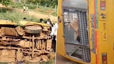 Andhra Pradesh Road Accident: Class 2 Student Killed, Several Injured After School Bus Loses Control and Overturns in Annammayya; Search On for Absconding Driver (Watch Videos)