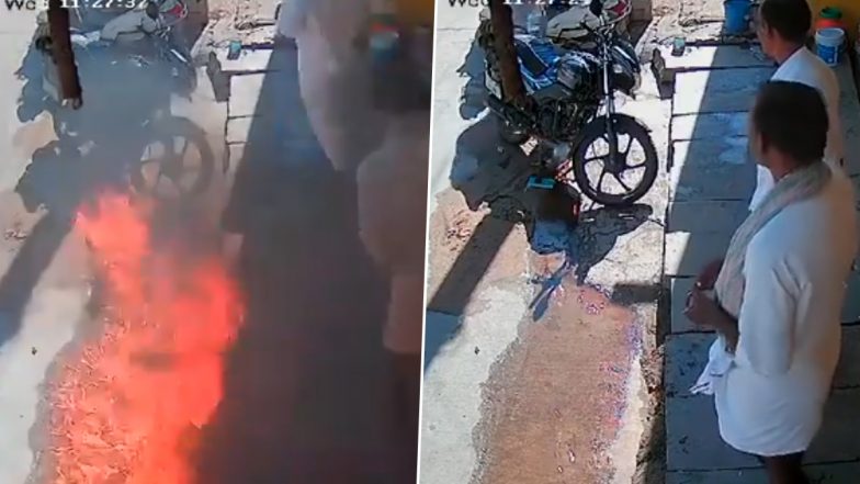 Andhra Pradesh: Petrol Spillage Ignites After Man Throws Burning Matchstick on Road in Anantapur, Video Surfaces