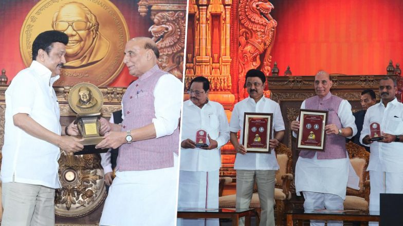 M Karunanidhi 100th Birth Anniversary: Defence Minister Rajnath Singh Releases INR 100 Commemorative Coin To Mark Former Tamil Nadu CM&rsquo;s Birth Centenary (See Pics)
