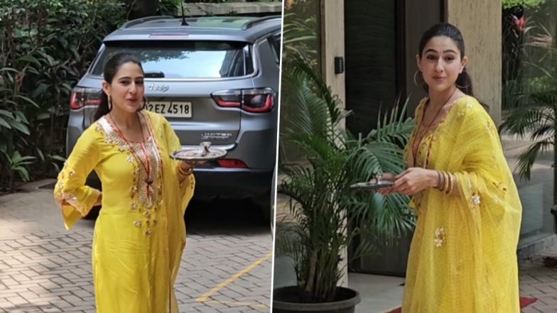 Raksha Bandhan 2024: Sara Ali Khan Radiates Elegance in Yellow Salwar As She Visits Dad Saif Ali Khan’s House (See Pics)