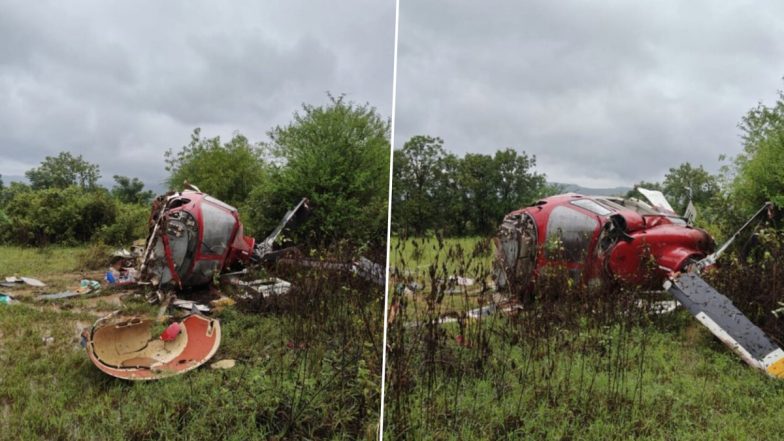 Pune Helicopter Crash: Pilot Injured After Private Chopper En Route From Mumbai to Vijayawada Crashes Near Paud (See Pics and Videos)