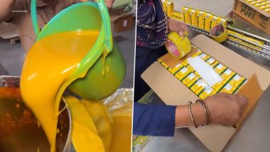 No Mango in Mango Juice! Tetra Pack Mango Juice Viral Video Reveals Food Colour and Sugar Syrup as Key Ingredients of Packaged Fruit Juices