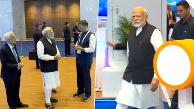 PM Modi in Mumbai: PM Narendra Modi Visits Global Fintech Pavilion at Jio World Convention Centre, To Address Event (Watch Video)