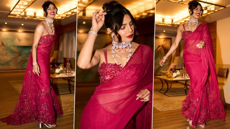 Priyanka Chopra Turns Heads in Gorgeous Magenta Saree at Brother Siddharth’s Wedding Celebrations (See Pics)