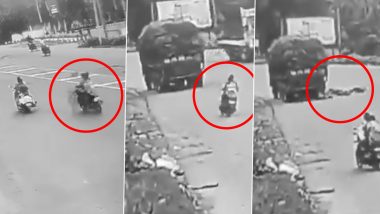 Telangana Road Accident: Three Killed After Bike Crashes Into Parked Truck in Khammam, Disturbing Video Surfaces