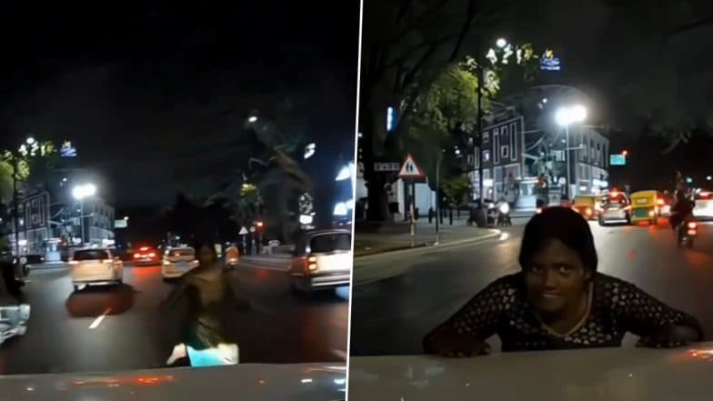 Bengaluru: Woman Fakes Accident by Stepping in Front of Car, Exhibits 'Unusual' Behaviour; Dashcam Video Footage Goes Viral