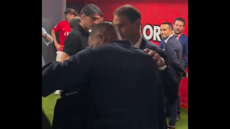 Kylian Mbappe Gifts His Jersey to Rafael Nadal as Spanish Tennis Star Attends Mallorca vs Real Madrid LaLiga 2024-25 Match (Watch Video)