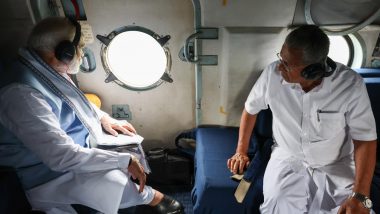 PM Narendra Modi Undertakes Aerial Survey of Landslide-Affected Areas in Wayanad, Kerala CM Pinarayi Vijayan Accompanies Him (See Pics)