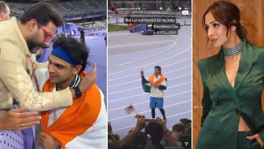 Paris Olympics 2024: Abhishek Bachchan Hugs India’s Silver Medalist Neeraj Chopra, Malaika Arora Celebrates His Javelin Triumph, As They Witness It Live (Watch Videos)