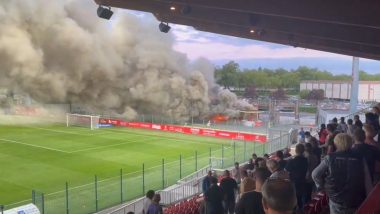 Massive Fire at Fan’s Bar Halts US Orleans vs Valenciennes Football Match, Players Rushed Off Field After Pitch Engulfed in Toxic Smoke (Watch Video)