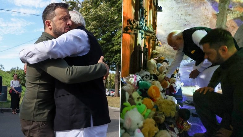 PM Narendra Modi and Ukrainian President Volodymyr Zelensky Visit Martyrologist Exposition, Pay Tribute to Children Who Lost Their Lives in Russia-Ukraine Conflict (See Pics)