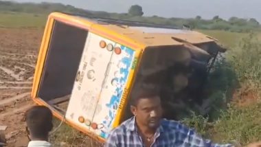 Andhra Pradesh Road Accident: 3 Students Injured After School Bus Loses Control and Overturns in Prakasam (Watch Videos)