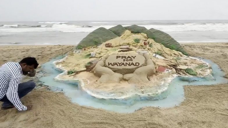 ‘Pray for Wayanad,’ Sudarsan Pattnaik Creates Beautiful Sand Art at Puri Beach To Pay Emotional Tribute to the Lives Lost in Wayanad Landslide (Watch Video)