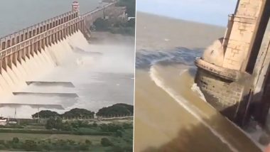 Tungabhadra Dam Gate Gets Washed Away Due to Snapping of Chain Link, Karnataka Govt Sounds Flood Alert (Watch Videos)