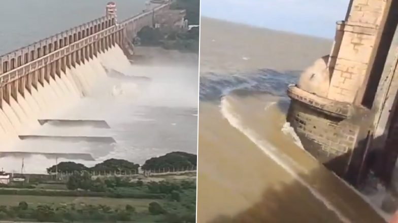 Tungabhadra Dam Gate Gets Washed Away Due to Snapping of Chain Link, Karnataka Govt Sounds Flood Alert (Watch Videos)