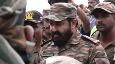 Mohanlal Visits Landslide-Hit Punchiri Mattam Village in Wayanad District; Honorary Lieutenant Colonel Interacts With Other Officers (Watch Video)