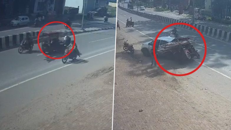 Uttar Pradesh Road Accident Videos: E-Rickshaw Travelling in Wrong Direction Hits Bike, Makes U-Turn and Collides With Car in Baghpat; Police Responds After CCTV Footage Surfaces