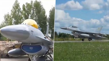 Ukraine Gets F-16 Fighter Jets for First Time: President Volodymyr Zelenskyy Displays Newly Arrived Fighter Jets To Combat Russia in the Air (Watch Video)