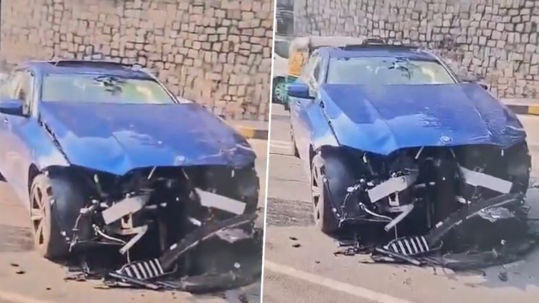 Hyderabad BMW Crash: 2 Injured After Luxury Car Rams Into Road Divider on Banjara Hills Route (Watch Videos)