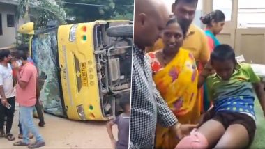 Telangana Road Accident: Students Injured After Brake Failure Causes School Bus To Overturn in Rangareddy (Watch Videos)