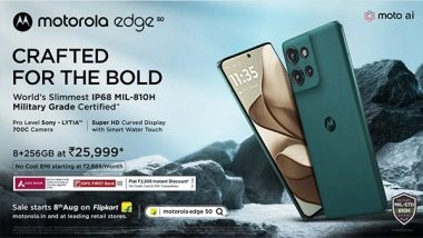 Business News | Motorola Launches the World's Slimmest IP68 MIL-STD-810H Military Grade Certified Durable Smartphone- Motorola Edge 50 at Rs 25,999*