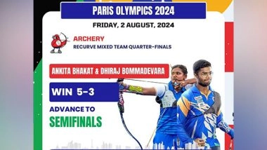Sports News | Paris Olympics: India Archers Ankita, Dhiraj Set to Play for Medal After Storming into Recurve Mixed Team Semi-finals