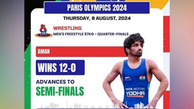 Sports News | Paris Olympics: India's Aman Sehrawat Storms into Semi-finals with Technical Superiority Win in Men's 57kg Event